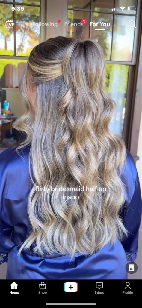 Bridesmaid Hair Down And Curled, Basic Hairstyles For Prom, Slick Half Up Half Down Hair Wedding, Elegant Hairstyles For Long Hair Down, Volume Half Up Half Down Wedding Hair, Half Up Wedding Hair Volume, Hannah G Wedding Hair, Bridesmaid Hair All Down, Bridal Hair Half Up Ponytail