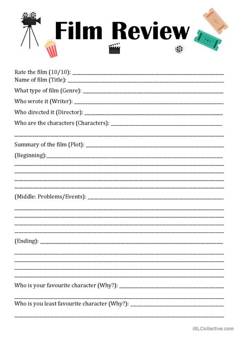 Film Review Questionnaire: English ESL worksheets pdf & doc Movie Review Worksheet, Film Review Example, Movie Lesson Plans, Movie Worksheet, Ell Resources, English Journal, Creative Worksheets, Speaking Activity, Review Film