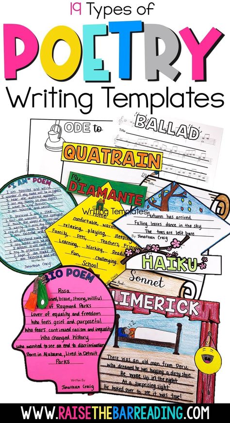 Poetry Writing Templates for 19 different types of poems! So helpful for 3rd through 5th grade students in writing a haiku, I am poem, bio poem, diamante poem, limerick, ballad, ode, and tons more! Graphic organizers for prewriting and final copy templates for a poetry bulletin board for poetry month! Poetry Grade 3 Activities, 3rd Grade Poetry Lessons, Poetry Classroom Transformation, Poetry Unit Grade 3, 3rd Grade Poetry Activities, Poetry Vocabulary Words, Poetry Unit First Grade, Free Poetry Templates, Poetry Writing Exercises
