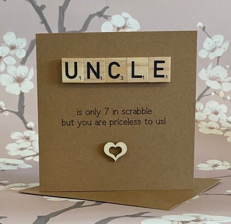 Excited to share this item from my #etsy shop: Uncle Birthday Card, You Are Priceless To Us, Wooden Scrabble Tile Card for Uncle, Recycled Rustic Kraft Card, Handmade UK Shop Uncle Birthday Card, Wooden Tiles, Uncle Birthday, Rose Gold Initial, Bridal Clip, Wooden Tile, Birthday Cards For Mum, Hollow Heart, Scrabble Tiles