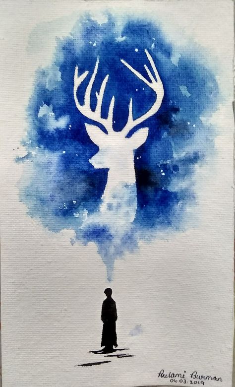 Harry potter Patronus  watercolour painting Painting Of Harry Potter, Harry Potter Patronus Wallpaper, Diy Harry Potter Painting Ideas, Harry Potter Watercolour Painting, Harry Potter Posca Art, Harry Potter Acrylic Painting Ideas, Disney Watercolour Painting, Watercolour Harry Potter, Watercolor Art Harry Potter