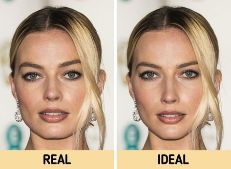 Golden Ratio Eyebrow, Margot Robbie Face Shape, How To Perfect Eyebrows, Close Set Eyes Celebrities With, Big Nose Celebrities, Makeup For Wide Face, Beautiful Nose Shape, Nose Shapes Reference, Wide Face Makeup