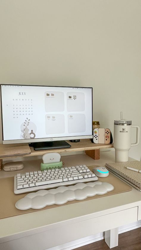 Cozy desk setup Cute Cozy Desk Setup, Organisation, Gaming Set Up Small Room, 2024 Vision Board Aesthetic Home, Clean Work Desk Aesthetic, Work Set Up Aesthetic, Very Small Desk Ideas, Office Desk Decor Aesthetic, Cute Computer Aesthetic