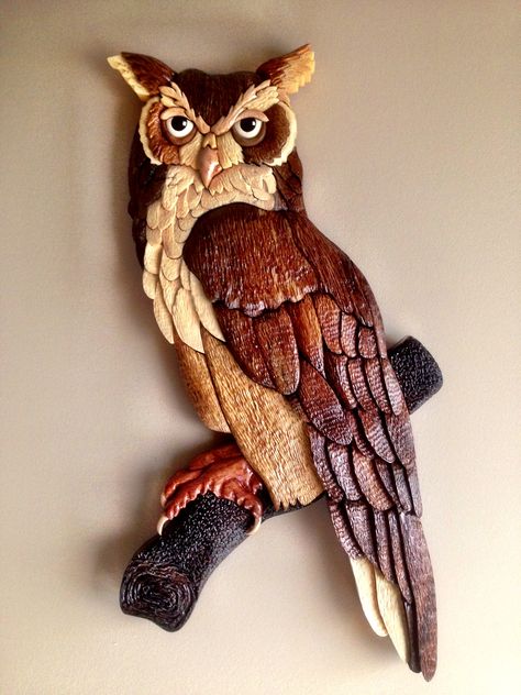 Owl intarsia with a little carving added Bois Intarsia, Wood Intarsia, Whirligigs Patterns, Intarsia Wood Patterns, Intarsia Wood, Intarsia Patterns, Woodworking Shows, Woodworking Logo, 3d Cnc