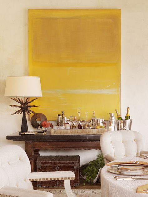 In a Northern California house, Rita Konig outfitted this wood-paneled room with a vintage bar, Julian Chichester stools and sink fittings by Lefroy Brooks Statement Art Pieces, 카페 인테리어 디자인, Statement Art, Decoration Bedroom, Mark Rothko, Big Art, Mellow Yellow, Bars For Home, 인테리어 디자인