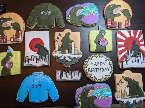 Birthday, Godzilla Cookies, Job Ideas, Godzilla, Sugar Cookies, Happy Birthday