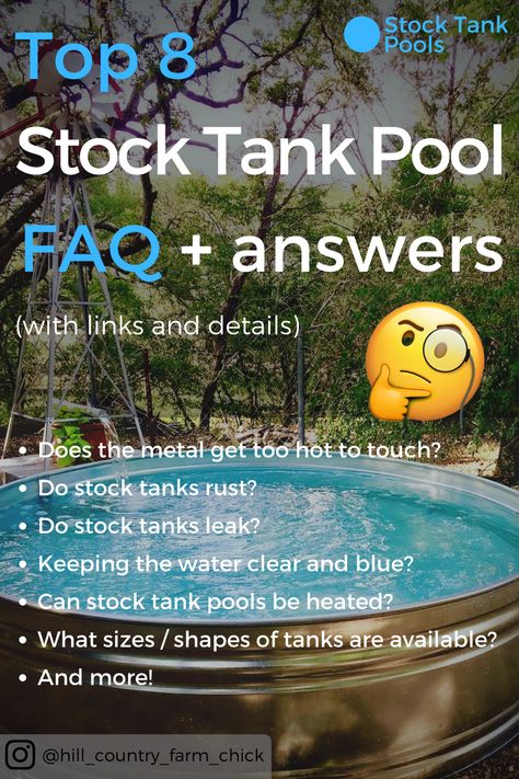 Get answers to your top 8 questions about stock tank pools, including whether (and how) to paint them, the available sizes and shapes of tanks, how to install a heater, and how to keep your water CLEAR and BLUE. Pool Made Out Of Stock Tank, Very Small Pool, Water Trough Pool Stock Tank, Diy Water Trough Pool, Outdoor Stock Tank Pool, Galvanized Stock Tank Hot Tub Ideas, Stock Pool Hot Tub, Patio With Stock Tank Pool, Stock Tank Pool Pallet Deck