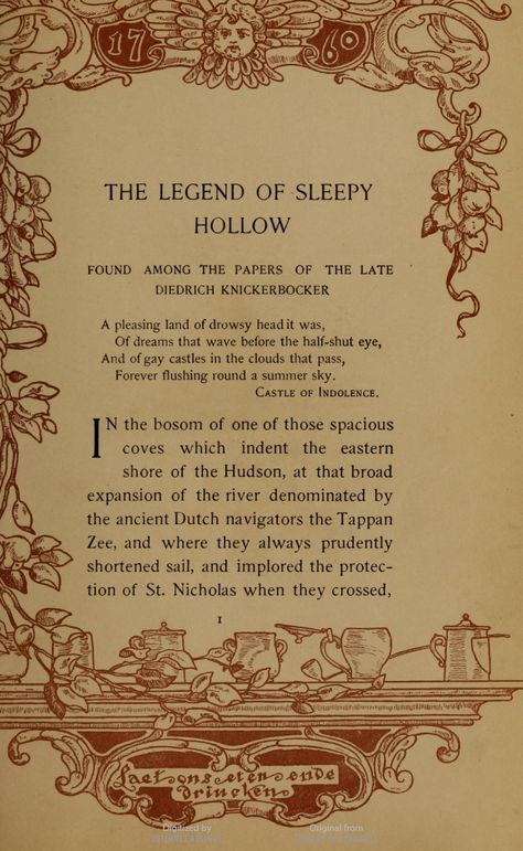 The text in this book is framed by several different block prints in different colors. The Legend of Sleepy Hollow, by Washington Irving. Borders are by Margaret Armstrong. Sleepy Hollow Quotes, Sleepy Hollow Aesthetic, Sleepy Hollow Book, Halloween Legends, Margaret Armstrong, Sleepy Hollow Halloween, Sleepy Hallow, Halloween Illustrations, The Legend Of Sleepy Hollow