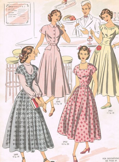 I am beyond smitten with this fantastic soda shop illustration featuring a selection of spring fashions from 1949. #soda #shop #teenagers #spring #vintage #1940s #fashion #clothing #dress Macan Kumbang, 40s Mode, Vintage Fashion Sketches, Vintage Clothes Patterns, Spring Fashions, Mode Retro, Look Retro, Vintage Dress Patterns, 1950s Style