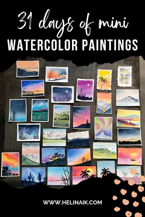 31 days of mini watercolor paintings Watercolour Painting Challenge, Watercolor Painting Challenge, Watercolor Challenge 30 Day, Mini Watercolor Ideas, Daily Watercolor Challenge, Mini Watercolour Landscapes, Watercolor Project Ideas, Watercolor Challenge For Beginners, Mini Landscape Watercolor