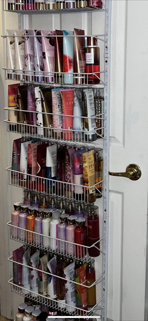 Organisation, Organize Bath And Body Works Products, Lotion And Body Spray Organizer, Bath And Body Work Storage Ideas, Bathroom Lotion Organization, Organizing Body Sprays And Lotions, Lotion And Spray Organization, Bath And Body Works Perfume Organization, Feminine Hygiene Organization