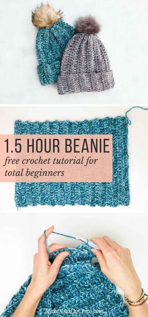While it looks knit, this free crochet hat pattern for beginners is super easy. If you can crochet a rectangle, you can make this unisex beanie pattern! via @makeanddocrew Pola Kupluk, Free Crochet Hat Pattern, Crochet Hat Tutorial, Pola Topi, Bonnet Crochet, Baby Frock Pattern, Crochet Simple, Frock Patterns, Crochet Hat Free
