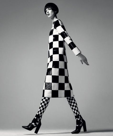 Dress, Louis Vuitton. 866-VUITTON. Shoes, $625, Alexander Wang. shopBAZAAR.com.  Tights, stylist's own. 60s Fashion Black And White, Richard Avedon, White Fashion Editorial, Fashion Black And White, Fashion Articles, Mod Fashion, Moda Vintage, 1960s Fashion, Black And White Design