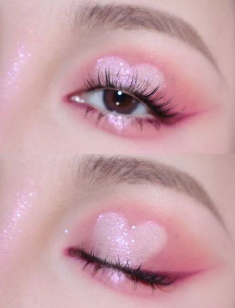 Douyin Pink Eye Makeup, Euphoria Makeup Asian Eyes, Heart Douyin Makeup, Heart Eyeshadow Makeup, Soft Valentines Day Makeup, Douyin Valentine Makeup, Valentine’s Day Pfp, Pink Y2k Makeup, Makeup Ideas Douyin