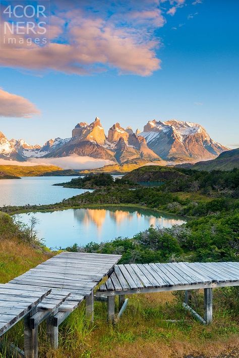 Chile Magallanes y Antartica Chilena Patagonia, Andes, Torres del Paine National Park, Lake Pehoe Sunrise over the Torres del Paine across lake Pehoe #4cornersimages #travelphotography #landscapephotography #travelinspiration #travelaesthetic Torres Del Paine National Park, Patagonia Chile, Chile Travel, Lake Photography, Soft Spot, World Photography, Colorful Landscape, Future Travel, Best Places To Travel