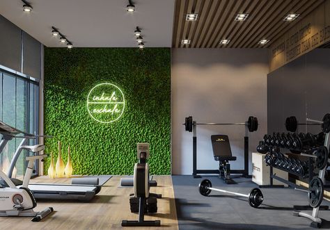 Cool Home Gym Design, Home Gym Grass Wall, Sport Home Decor, Gym Grass Wall, Gym At Home Decor, Home Gym Ideas Weights, Cool Gym Interior, Gym Designs For Home, Gym Wood Paneling