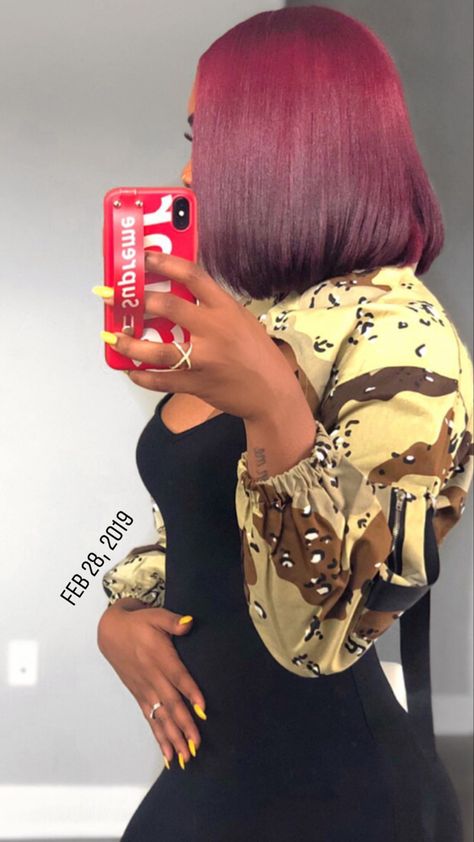 Burgundy Dyed Hair Black Women, Burgundy Hair Black Women, Burgundy Natural Hair, Red Burgundy Hair Color, Magenta Hair Colors, Hair Glam, Pressed Natural Hair, Magenta Hair, Girl Hair Colors