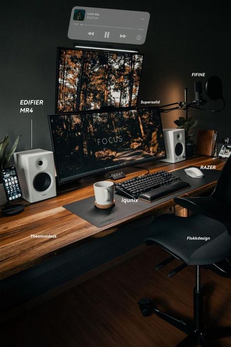 #desksetup #RAZER #Supersolid #FIFINE #Themonidesk #EDIFIER #MR4 #homeaudio #homespeakers #interiordesign #wooden #musicprints #musicrecommendation #GIVEON #HeartbreakAnniversary #R&B #darkmusic #musicaljourney #immersivemusic #tantalizingsounds #sleekdesign #mysteriousstudio  #musicanddesign #soulfulsounds #darkstudio #artisticbalance #immersiveexperience #musicaljourney Black And Wood Setup, Black And Wood Gaming Setup, Dark Desk Setup, Office Dark Green, Dark Wooden Desk, Tech Home Office, Home Studio Setup, Bedroom Setup, Gaming Room Setup