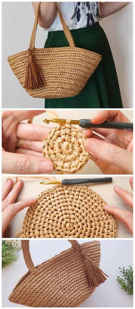 Herringbone Bag Crochet Tutorial - Design Peak Crochet Basket Yarn, Basket Bag Crochet, Raffia Yarn Crochet, Raffia Bag Crochet Pattern, Crochet Bag With Flowers, Crochet Rope Bag, Crochet Bag Beach, Crochet Bag Raffia, Crochet Raffia Bag Pattern