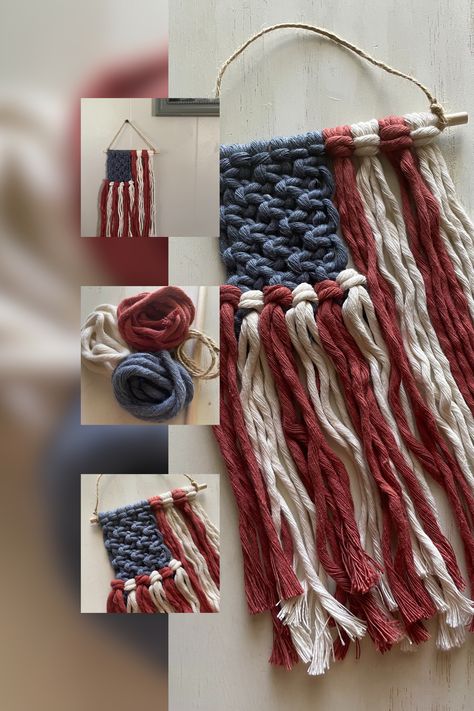 Beginner Crafts To Sell, Berry Knot Macrame Wall Hanging, Macrame Tree Garland, Red White And Blue Macrame, Macrame American Flag Tutorial, Macrame Flag Diy, Macrame Flag Wall Hangings, Macrame Holiday Decor, Macrame Decor Diy