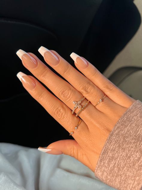 French Tips On Ballerina Nails, Coffin Tip French Nails, French Tip Nails Dip Powder Coffin, Simple French Tip Nails Coffin, Coffin Acrylics French Tip, French Top Acrylic Nails Coffin, Natural French Tip Nails Coffin, French On Coffin, Coffin French Tip With Chrome