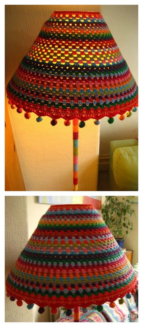 Free Crochet Lampshade Tutorial Funky Lamp Shades, Lamp Crochet, Lampe Crochet, Lamp Design Ideas, Lamps Shade, Crochet Lampshade, Crochet Furniture, Crochet Lamp, Diy Lamps