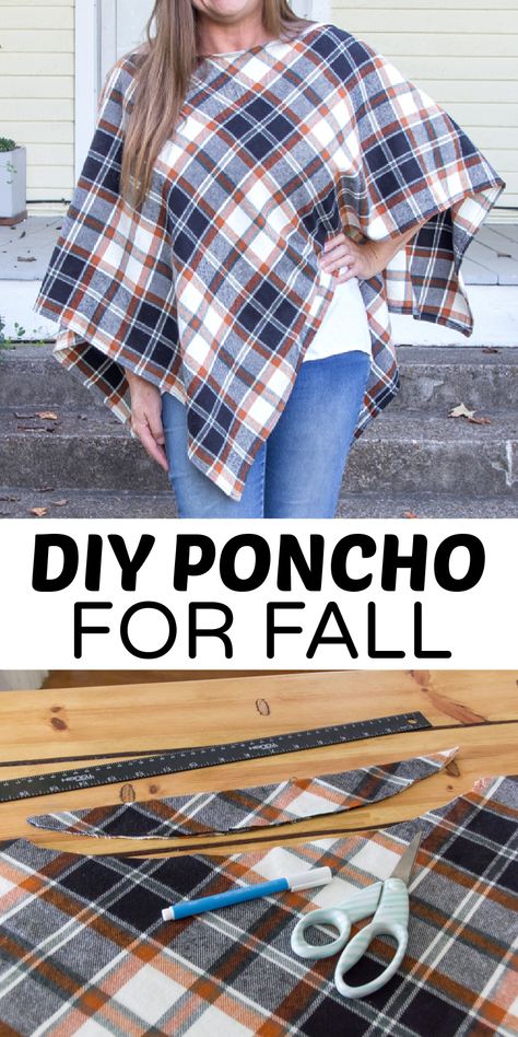 Making A Poncho From A Blanket, Make A Poncho From A Blanket, How To Make A Fleece Poncho, Sew A Poncho Easy Diy, Easy Fleece Poncho, Poncho Pattern Sewing How To Make, Quilt Poncho Pattern, How To Make A Poncho From A Scarf, Easy Winter Sewing Projects