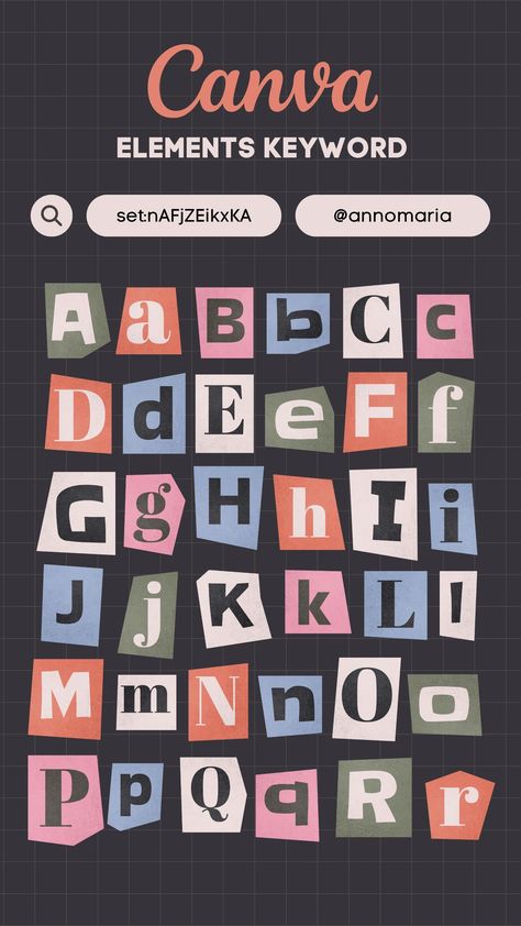 Codes For Canva Elements, Key Words For Canva Elements, Canva Lettering Elements, Journal Canva Elements, Collage Canvas Ideas, Letters Elements Canva, Journal Canva Ideas, Scrapbook Letters Canva, Canva Keywords Elements Letters