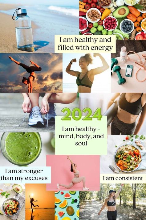 Bright healthy living aesthetic 2024 vision board example. Manifest your healthiest year yet with a health goals focused vision board like this. To make your own, pick your favorite health images and add positive quotes & affirmations. Click for more 2024 vision board examples and ideas. Vision Board Themes, Vision Board Supplies, Pinterest Vision Board, Vision Board Health, Vision Board Words, Fitness Vision Board, Vision Board Ideas, Vision Board Quotes, Vision Board Examples