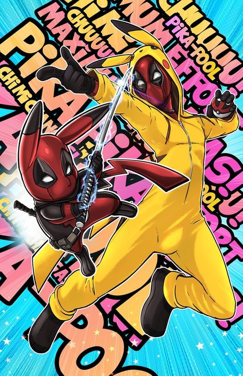 Deadpool Cartoon, Xman Marvel, Deadpool Artwork, Guerriero Samurai, Deadpool Pikachu, Deadpool Funny, Deadpool Art, Deadpool Comic, Pikachu Art