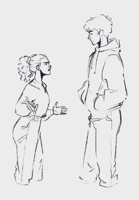 Two People Yelling At Each Other Drawing, 2 People Poses Drawing Reference Talking, People Talking Art Reference, Best Friend Reference Poses Drawing, Two People Talking Poses Drawing, Height Difference Art Reference, Two Characters Talking Reference, Talking Poses Reference, Talking Art Reference