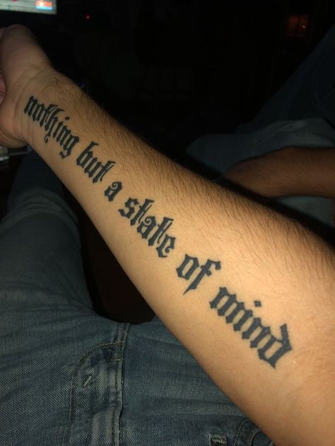 Side Hand Tattoos For Guys Words, Small Tattoo Ideas For Men Meaningful, Tattoo Text Ideas Men, Text Tattoo Men Arm, Writing Tattoos For Men, Side Arm Tattoo Men, Text Tattoo Men, Loyalty Over Love Tattoo, Side Forearm Tattoo Men Ideas