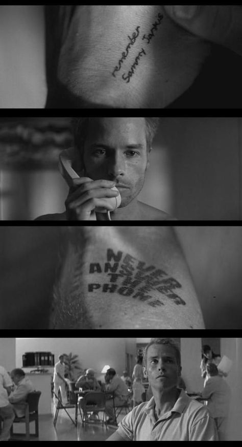 Memento (2000) | dir. Christopher Nolan Memento Movie Scene, Memento Stills, Memento Tattoo Movie, Tattoos In Movies, Memento Movie, Film Tattoo, Nolan Film, Movie Tattoo, Movie Tattoos