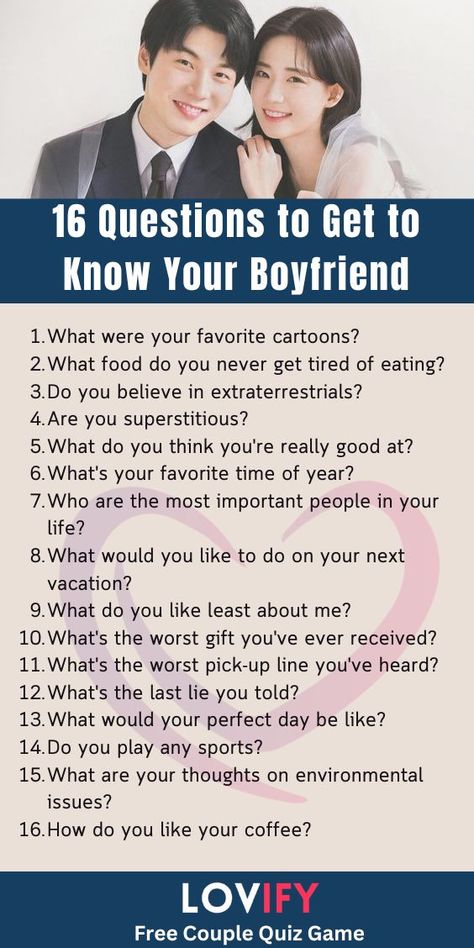 Want to know your boyfriend better? Dive into our collection of questions designed to spark fun and meaningful conversations! From playful icebreakers to deep, revealing queries, these questions will bring you closer and help you discover new facets of your partner. Perfect for cozy nights in or adventurous date nights!

#GetToKnowHim #BoyfriendQuestions #ConversationStarters #CoupleQuizzes #RelationshipGoals #DateNightIdeas #LoveGames #CoupleFun #100Questions #DeeperConnections Questions To Ask Each Other, Fun Couple Questions, Couples Quizzes, Boyfriend Questions, Bad Pick Up Lines, Couple Game, Couples Quiz, Things To Do With Your Boyfriend, Romantic Questions