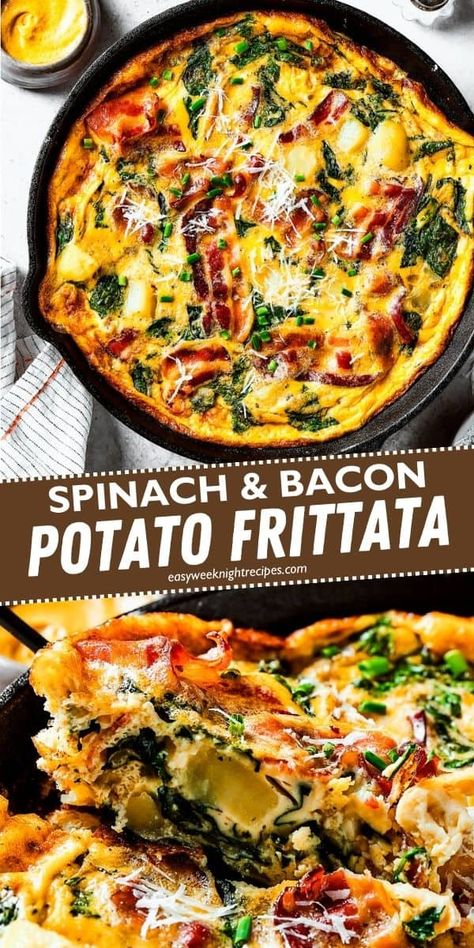Ever wondered how to make a frittata? This savory recipe for the best Spinach, Bacon, and Potato Frittata will show you exactly how - and it is so easy! Say hello to your new favorite dinner. Bacon Mushroom Spinach Frittata, Breakfast Ideas Frittata, Quiche, Essen, Potato Spinach Frittata, Bacon Potato Frittata, Fritata Recipe Bacon Spinach, Eggs For Dinner Recipes Healthy, Potato Frittata Recipe