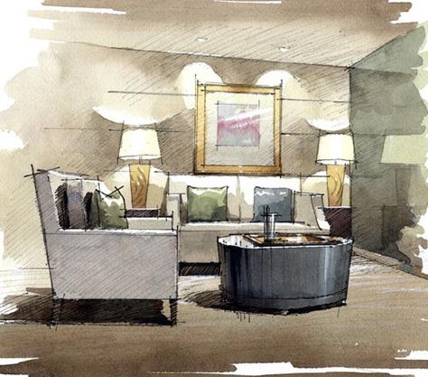 Sarah Cain Design: Rendering Styles Croquis Architecture, Rendering Drawing, Interior Design Renderings, Interior Design Sketch, Drawing Interior, Interior Design Drawings, Drawing Hand, Interior Vintage, Interior Design Sketches