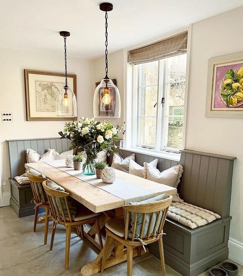 Loving And Dining Room Together, Cottage Style Dining Table, Kitchen Dining Inspiration, Country Kitchen Dining Room, Dining Room Bench With Back, Kitchen Dining Nook Ideas, Eat In Kitchen Bench Seating, Building A Kitchen Table, Corner Bench Seating Kitchen