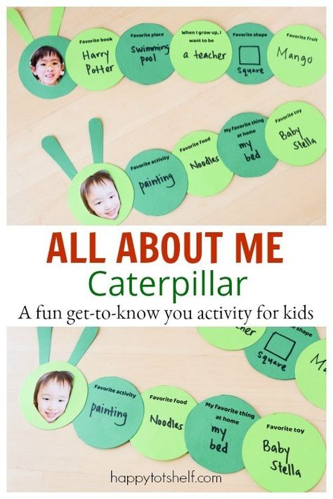 Preschool All About Me Caterpillar:  A fun get-to-know-you activity - Happy Tot Shelf #allaboutme #firstdayofschool Preschool Activities All About Me Theme, Family Projects For Preschool Crafts, Get To Know Me Crafts Preschool, All About Me For Two Year Olds, My Family Ideas For Preschool, Who Am I Activity Preschool, All About Me Preschool Lesson Plan, All About Me And My Family Preschool Art, All About Me Infant Theme Crafts