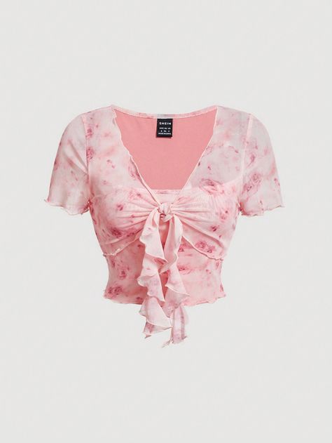 Pink Casual Collar Short Sleeve Knitted Fabric Floral,All Over Print  Embellished Medium Stretch  Women Plus Clothing Pink Coquette Shirts, Floral Shirts For Women, Pink Clothes Women, Long Sleeve Pink Top, Girly Summer Outfits Casual, Cute Pink Shirts, Casual Romantic Outfit, Pink Shirt Aesthetic, Pink Outfit Summer