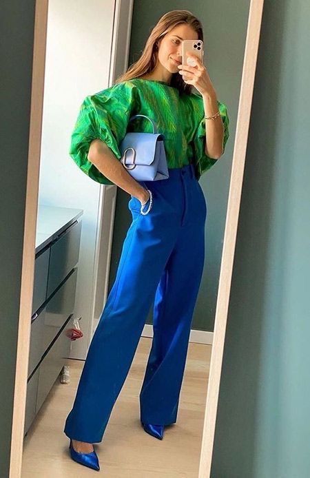 Royal Blue And Light Blue Outfit, Bright Blue Dress Casual, Klein Blue Outfit, Electric Blue Jeans, Colourful Tops Outfits, Bright Trousers Outfit, Bright Green Trousers Outfit, Royal Blue Color Block Outfit, Bright Green Pants Outfit Women