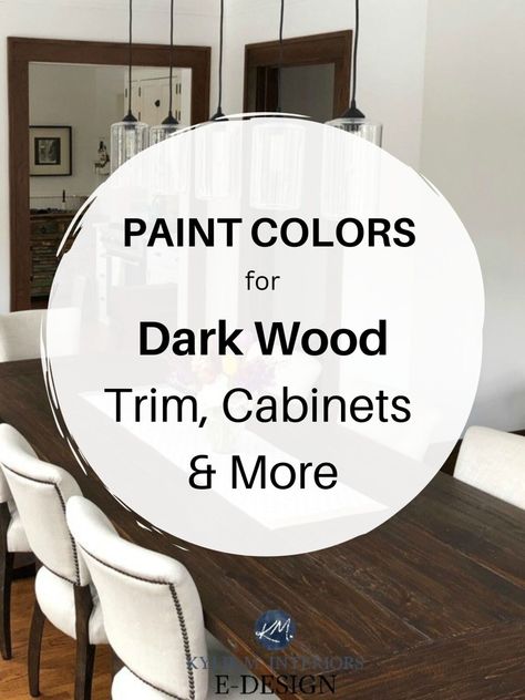 What Paint Color Goes With Medium to Dark Wood (trim or cabinets) - Kylie M Interiors Dark Trim Light Walls Bathroom, Grey Walls With Wood Trim, Dark Stain Trim, Kitchen Paint Colors With Dark Wood, Dark Wood Trim Interior, Best Paint Colors With Dark Wood Trim, Paint Colors With Dark Wood Trim, Paint Colors With Dark Wood Floors, Paint Colors That Go With Dark Wood