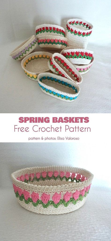 Crochet Tulip Basket, Crochet Flower Basket Free Pattern, Crochet Items For Spring Craft Fair, Wooden Bottom Crochet Basket, Popular Crochet Items To Sell Free Pattern, Crochet Oval Basket Pattern Free, Stashbuster Knitting Patterns, Crochet Picnic Basket Pattern Free, Crochet Easter Decor