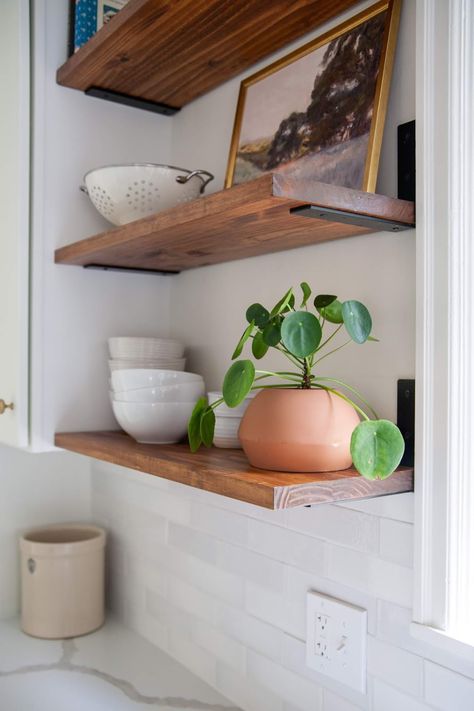 Vertical Tongue And Groove Backsplash, Diy Wine Shelves, Hawaiian Hale, Corner Shelves Kitchen, L Shaped Shelves, Floating Kitchen Shelves, Floating Shelf Hardware, Wood Corner Shelves, Rustic Wood Floating Shelves