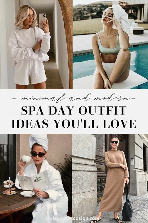 Looking for the perfect spa day outfit? Get the best outfit ideas for spring, summer, fall, and winter spa days and learn exactly what to wear to the spa for all kinds of spa treatments. The spa aesthetic is easy to achieve with these effortless looks. Spa Day Outfit, Thermal Outfit, Winter Spa, Weekend Getaway Outfits, Summer Weekend Outfit, Spring Weekend Outfit, Spa Wear, Spa Aesthetic, Spa Outfit