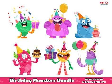 Vector Illustrations, 6 Birthday, Monster Characters, Graphic Illustrations, Thank You For Purchasing, Vector Clipart, Digital Clip Art, Textured Background, Social Media Post