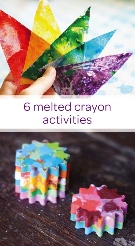 The next time you and your little one sit down for arts and crafts time, make things more interesting by trying out these 6 easy melted crayon activities. Recycle old or broken pieces of crayon by melting them down and turning them into something new. Create a DIY melted crayon pennant banner out of crayon shavings and wax paper. You can even make brand new tie-dyed crayons in fun and creative shapes. Upcycling, Crayon Shavings Crafts, Crayon Shaving Art, Craft With Crayons, Broken Crayon Crafts For Kids, Recycled Crayons Diy, Recycled Crayon Projects, Crayon Melting Art Ideas, Crayon Shavings Wax Paper