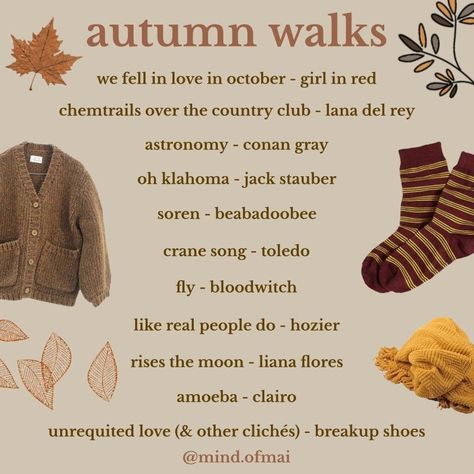 How To Get In The Autumn Mood, Autumn Vibes Playlist, Music Playlist For Different Moods, Fall Playlist Ideas, Songs To Add To Your Fall Playlist, Fall Playlist Aesthetic, Songs For Autumn, Fall Notebook Ideas, Darling Desi Autumn
