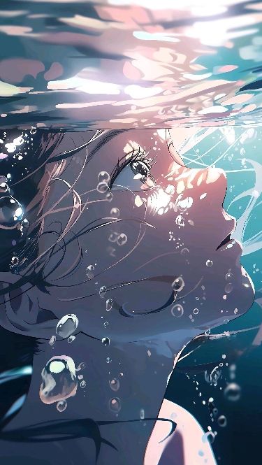 In this image, we see a woman submerged in water with bubbles surrounding her. The dominant colors in the image are white and blue, creating a serene and peaceful atmosphere. The woman appears to be swimming or floating gracefully underwater, with her hair flowing around her face. She is depicted as an anime character, adding a touch of whimsy to the scene. Anime, Hair, Swimming, Water, Anime Woman, Get Inspired