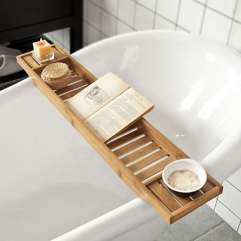 show image of bathroom bath rack in bamboo/ natural finish Wooden Bathroom Shelves, Bathtub Shelf, Bath Rack, Bath Table, Bathtub Caddy, Bamboo Shelf, Bath Shelf, Wooden Bath, Bathtub Tray