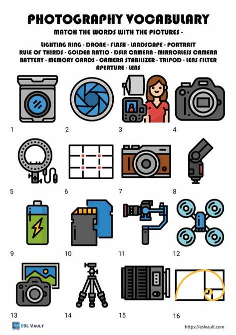 photography vocabulary Middle School Photography Lessons, Photography Project Ideas Student, Photography Class Ideas, Photography Worksheets, Photography Vocabulary, Picture Graph Worksheets, Photography Classroom, Teaching Yearbook, Beginner Photography Camera